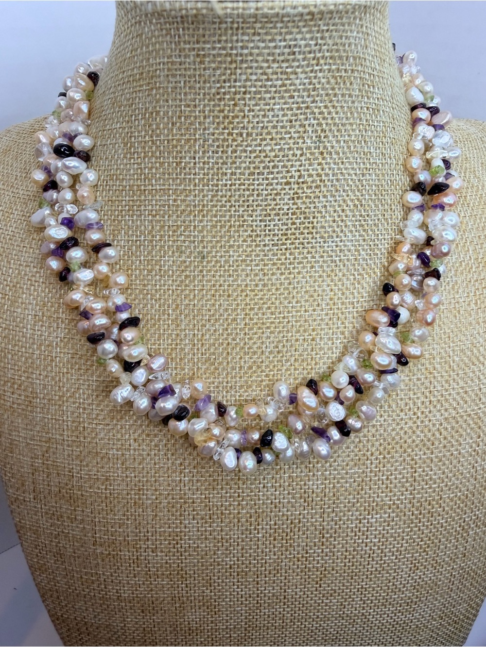 Vintage Ross-Simons Genuine Pearl, Amethyst, and Peridot Necklace - Picture 3 of 6